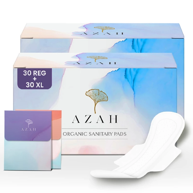 AZAH 100% Organic Sanitary Pads (30 Regular & 30XL) AZAH 100% Organic Sanitary Pads (30 Regular & 30XL)-Pack Size-60 Pads