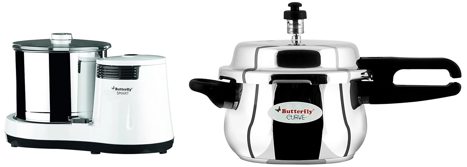 Butterfly 150 Watts Smart Wet Grinder & Curve Stainless Steel Pressure Cooker 3L Butterfly 150 Watts Smart Wet Grinder & Curve Stainless Steel Pressure Cooker 3L-Pack Size-Combo of 2