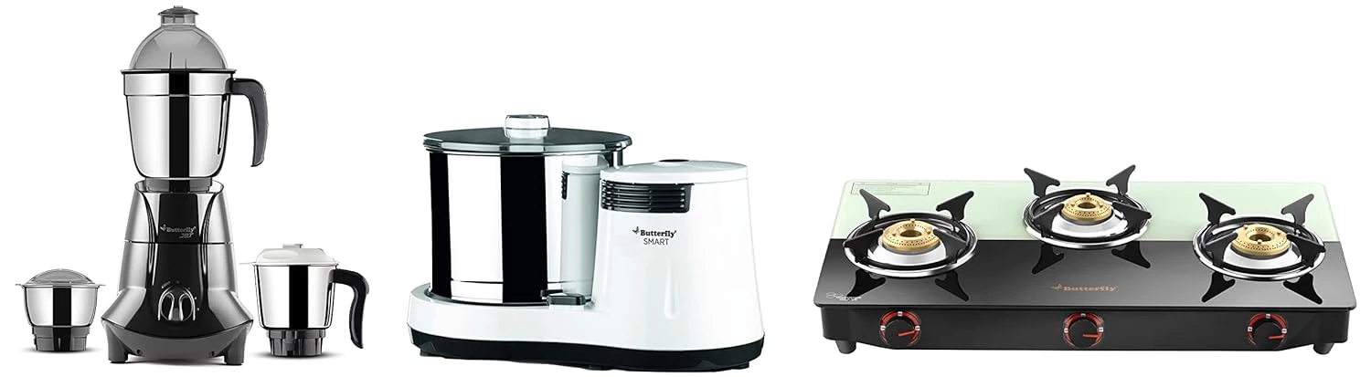 Butterfly 150 Watts Smart Wet Grinder & Jet Elite 750-Watt Mixer Grinder & Smart Plus Glass 3 Burner Gas Stove Butterfly 150 Watts Smart Wet Grinder & Jet Elite 750-Watt Mixer Grinder & Smart Plus Glass 3 Burner Gas Stove-Pack Size-Combo of 3
