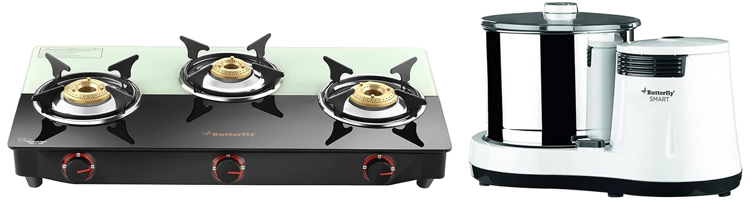 Butterfly 150 Watts Smart Wet Grinder & Smart Plus Glass 3 Burner Gas Stove Butterfly 150 Watts Smart Wet Grinder & Smart Plus Glass 3 Burner Gas Stove-Pack Size-Combo of 2