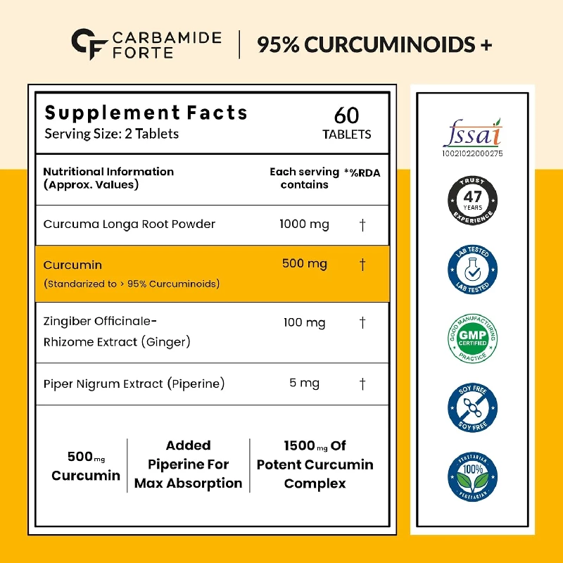 Carbamide Forte Curcumin with Piperine Tablets with Curcuminoids  for Adults with Curcuma Longa, Turmeric Powder & Ginger - Image 2