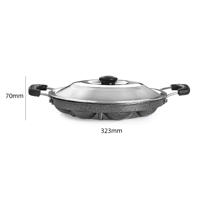 Cello Non-Stick 12 Cavity Grill Appam Patra 2 Side Handle with Stainless Steel Lid - Image 3
