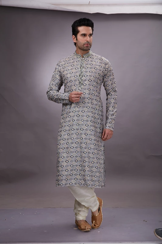 Digital Printed Cotton Kurta Set in Grey
