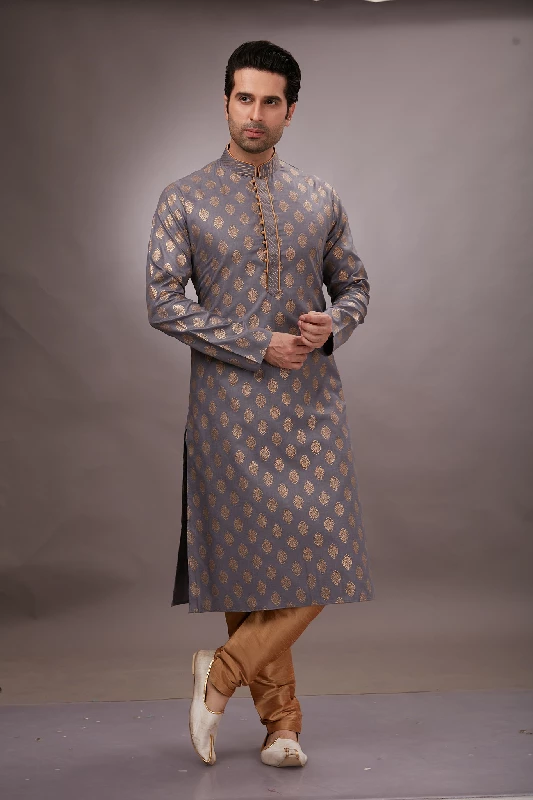 Foil Printed Cotton Kurta Set in Grey - Image 11