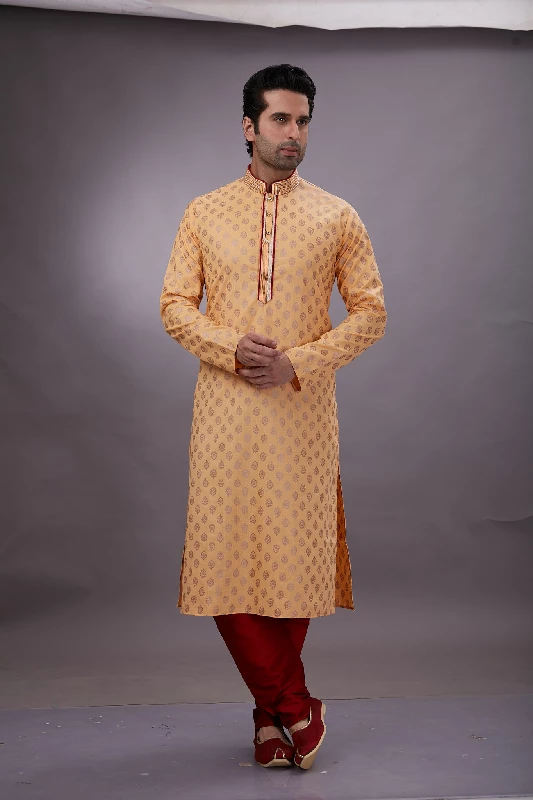 Foil Printed Cotton Kurta Set in Light Orange - Image 11