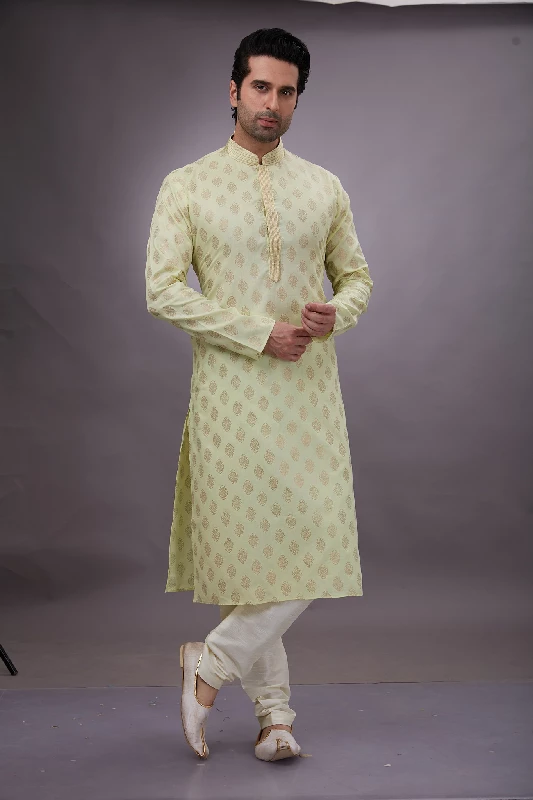 Foil Printed Cotton Kurta Set in Light Yellow - Image 8