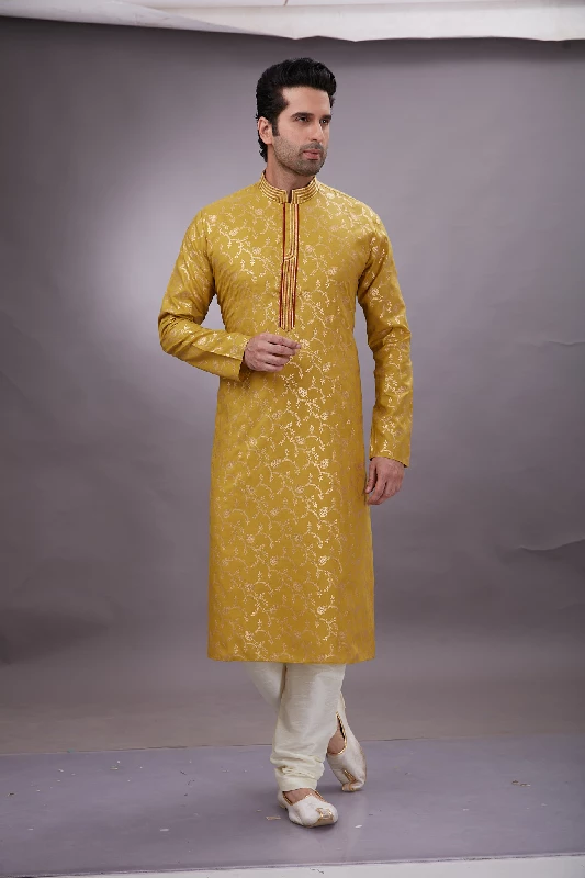 Foil Printed Cotton Kurta Set in Mustard - Image 10