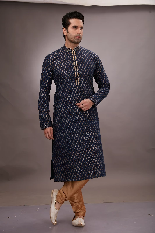 Foil Printed Cotton Kurta Set in Navy Blue - Image 4