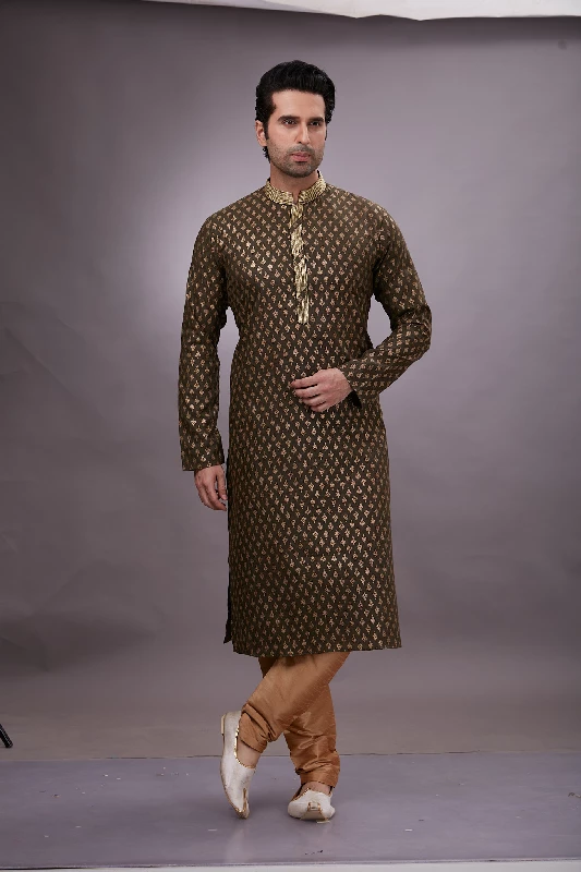 Foil Printed Cotton Kurta Set in Olive Green - Image 5
