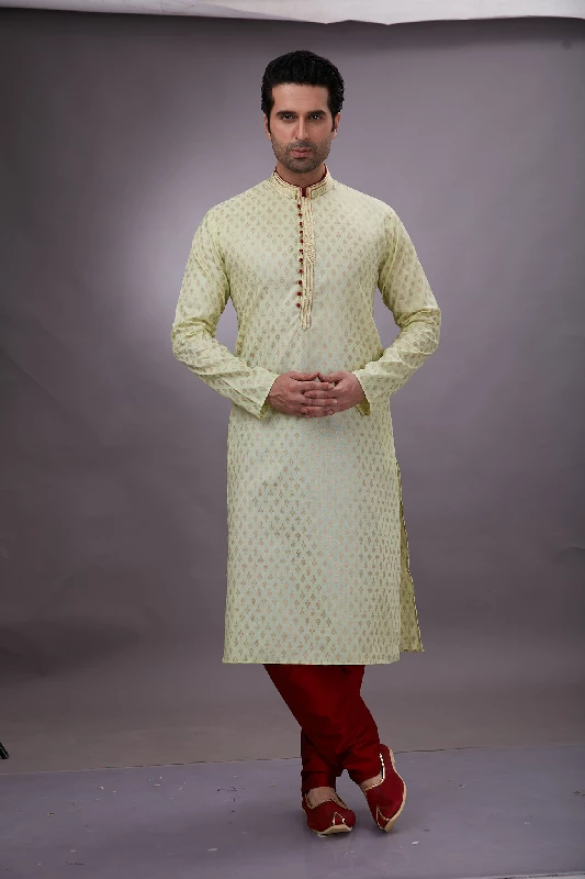 Foil Printed Cotton Kurta Set in Pastel Green - Image 8