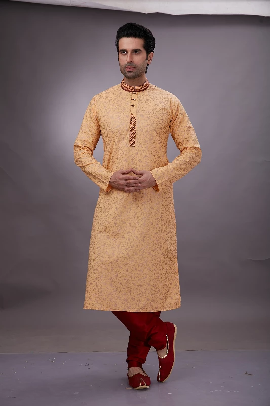 Foil Printed Cotton Kurta Set in Peach - Image 8