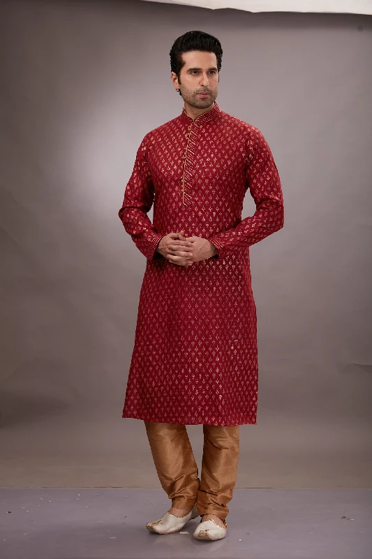 Foil Printed Cotton Kurta Set in Red - Image 6