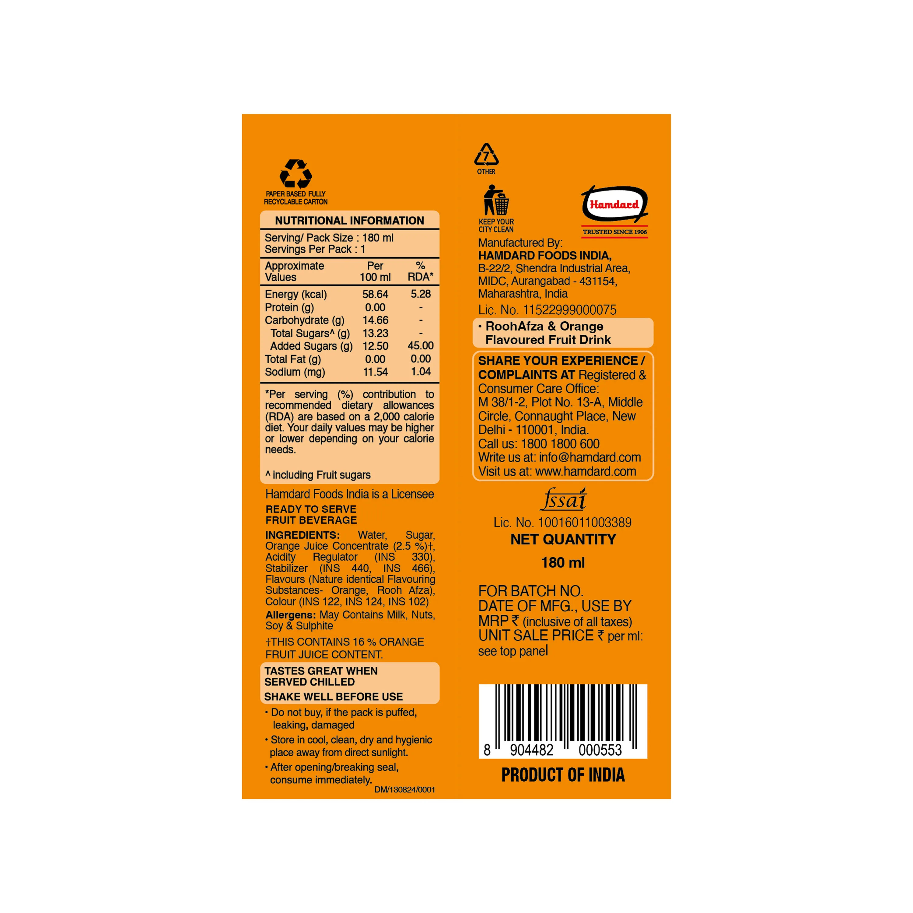 Hamdard Rooh Afza Fusion Orange - Image 2