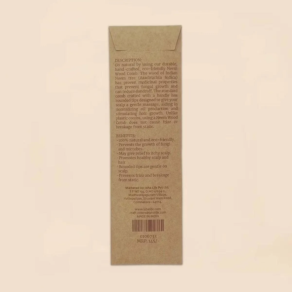 Isha Life Handmade Neem Wood Comb with Handle Wider Teeth - Image 2