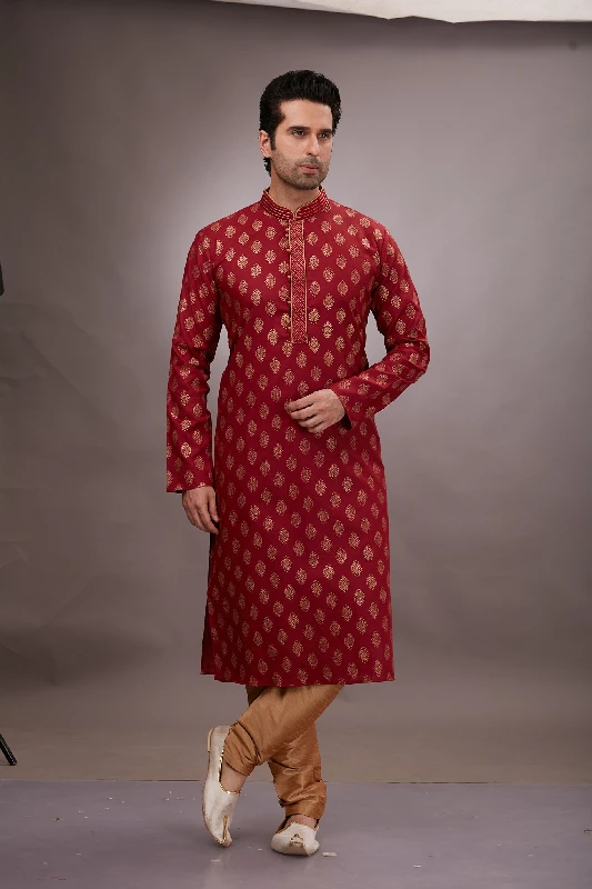 Maroon Cotton Printed Kurta Set - Image 2