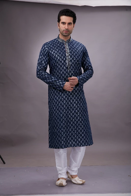 Navy Blue Cotton Printed Kurta Set - Image 11