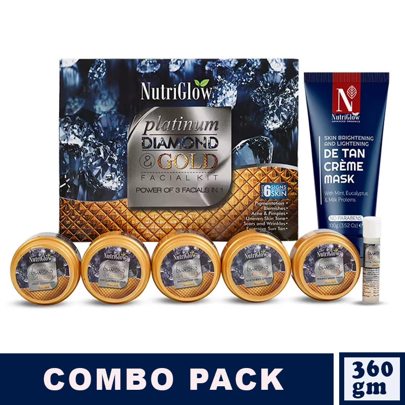 NutriGlow Platinum, Diamond & Gold Facial Kit & ADVANCED ORGANICS De Tan Creme Mask NutriGlow Platinum, Diamond & Gold Facial Kit & ADVANCED ORGANICS De Tan Creme Mask-Pack Size-360 gm