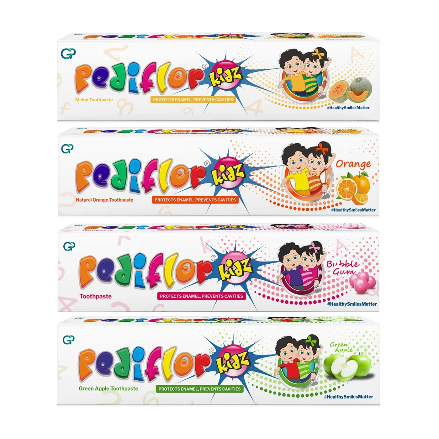 Pediflor Kidz Enamel Protection Cavity Toothpaste For Children Bubble Gum, Green Apple, Orange & Melon