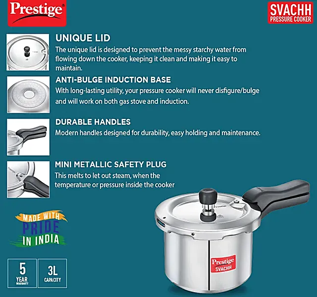 Prestige Svachh Aluminium Anti Bulge Gas & Induction Compatible Pressure Cooker - Silver - Image 9