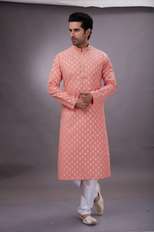 Printed Cotton Kurta Set in Light Peach - Image 3