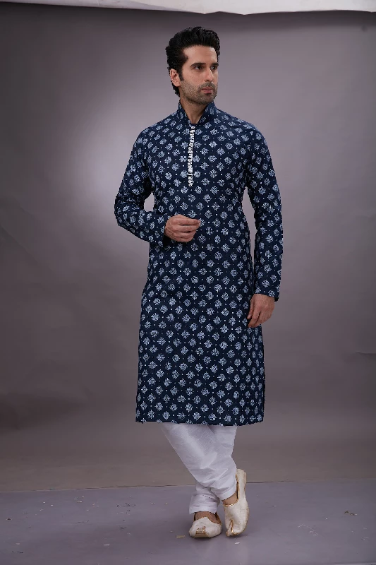 Printed Cotton Kurta Set in Navy Blue - Image 2