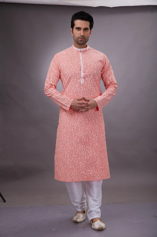 Printed Cotton Kurta Set in Peach - Image 3