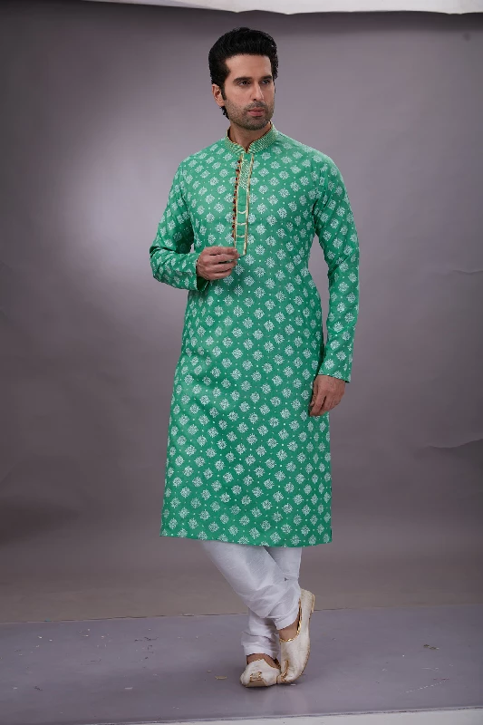 Printed Cotton Kurta Set in Teal Green - Image 5