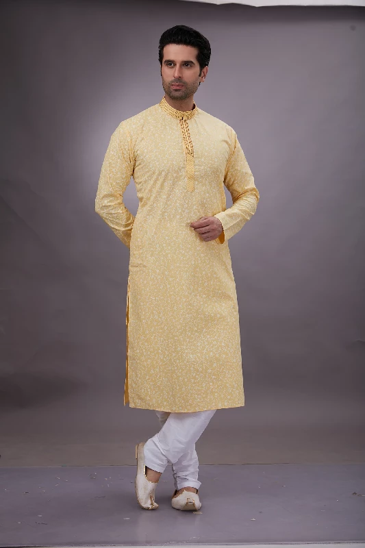 Printed Cotton Kurta Set in Yellow - Image 8