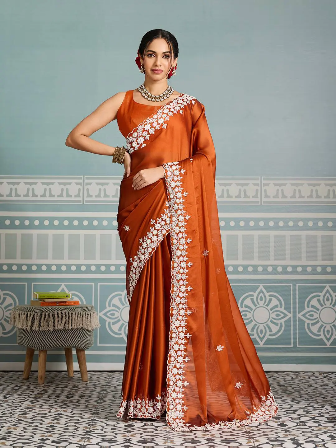 Roykals Designer Function Wear Saree - Vibrant Orange - Image 2