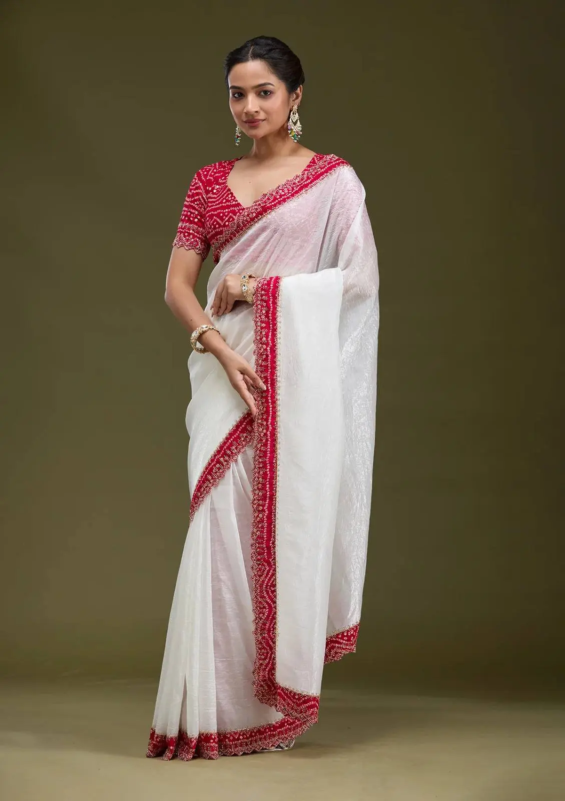 Roykals Designer Function Wear Saree - White & Red Tissue Silk - Image 2