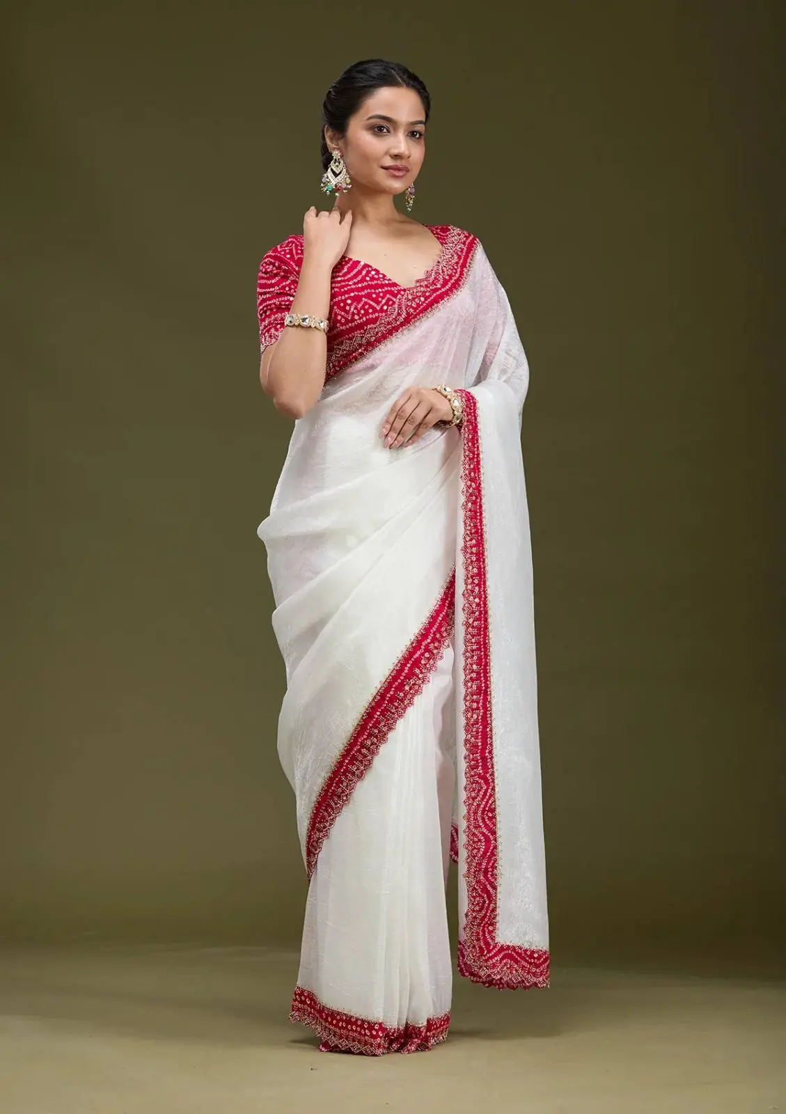 Roykals Designer Function Wear Saree - White & Red Tissue Silk - Image 3