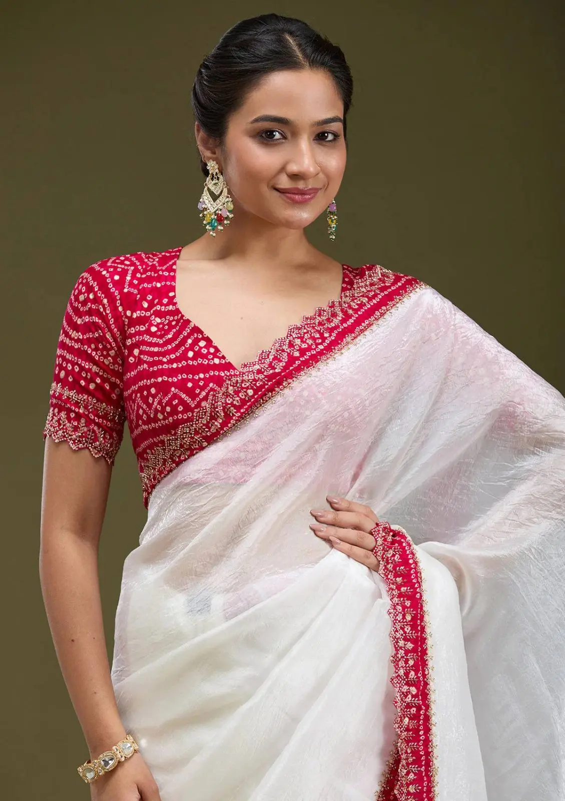 Roykals Designer Function Wear Saree - White & Red Tissue Silk - Image 4