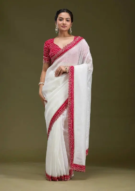Roykals Designer Function Wear Saree - White & Red Tissue Silk - Image 6