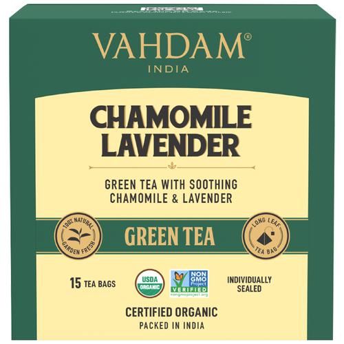 Vahdam  Chamomile Lavender Green Tea Bags - Calming Tea For Sleep 30 g (15 Pyramid Bags x 2 g each)