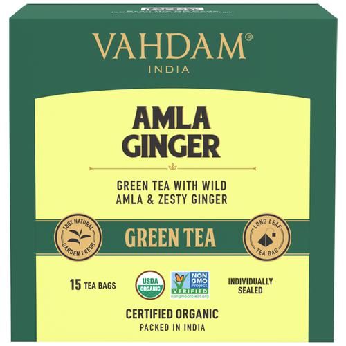 Vahdam  Organic Amla Ginger Green Tea Bags - Vitamin C 30 g (15 Pyramid Bags x 2 g each)