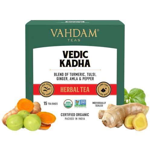 Vahdam  Organic Ayurvedic Herbal Kadha Tea Bags - Good For Cold & Sinus 30 g (15 Pyramid Bags x 2 g each)