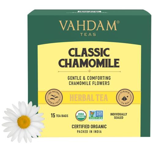 Vahdam  Organic Classic Chamomile Tea Bags - Stress Relief & Calming Tea For Sleep 30 g (15 Pyramid Bags x 2 g each)