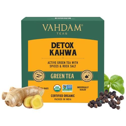 Vahdam  Organic Detox Kahwa Green Tea Bags - Ayurvedic Kahwa For Cold Relief 30 g (15 Pyramid Bags x 2 g each)