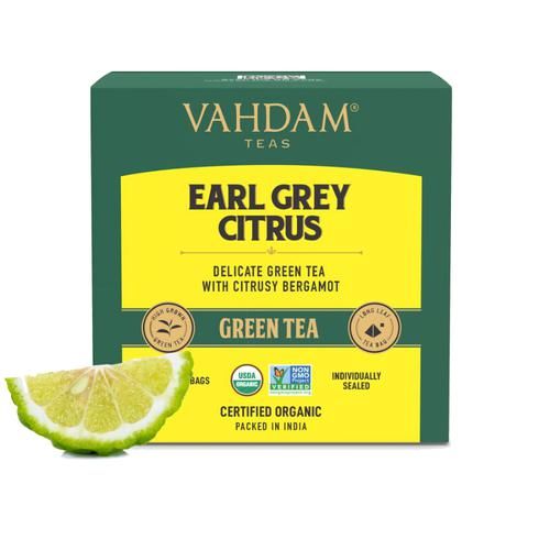 Vahdam  Organic Earl Grey Green Tea Bags - With Bergamot Citrus 30 g (15 Pyramid Bags x 2 g each)
