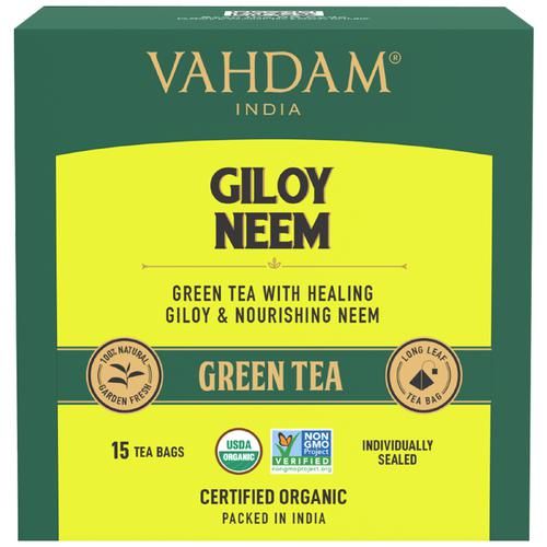 Vahdam  Organic Giloy Neem Green Tea Bags - Detox Tea For Weight Loss & Immunity 30 g (15 Pyramid Bags x 2 g each)