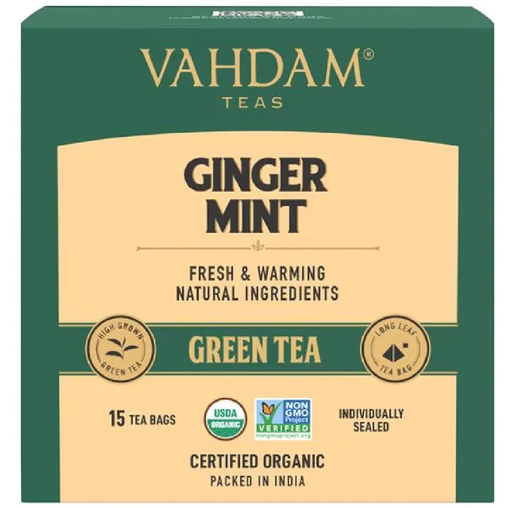 Vahdam  Organic Ginger Mint Green Tea Bags - Antioxidant Rich & Relaxing Detox Tea 30 g (15 Pyramid Bags x 2 g each)