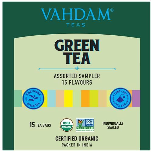 Vahdam  Organic Green Tea Sampler Pack - Top Selling Green Teas For Weight Loss 20g(10 Bag x 2g Each)