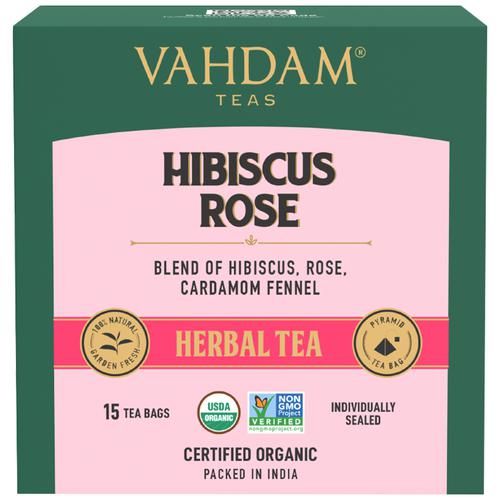 Vahdam  Organic Hibiscus Rose Herbal Tea - Nourishing 30 g (15 Pyramid Bags x 2 g each)