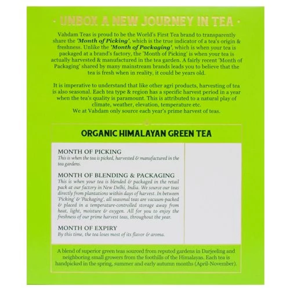 Vahdam  Organic Himalayan Long Leaf Green Tea Bags - Slim Tea - Image 3
