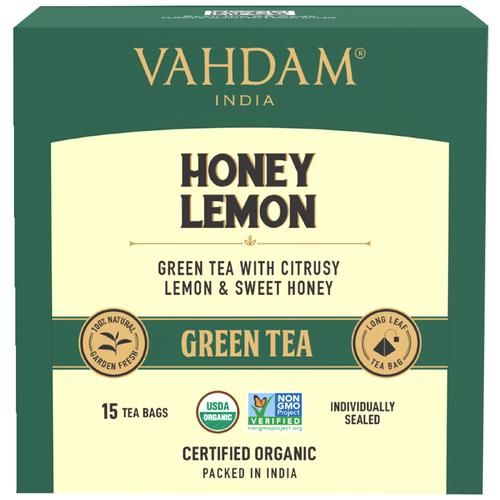 Vahdam  Organic Honey Lemon Green Tea Bags - Refreshing Vitamin C Infused Tea 30 g (15 Pyramid Bags x 2 g each)