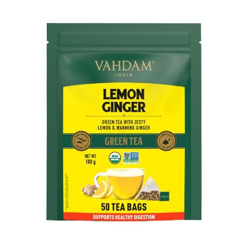 Vahdam  Organic Lemon Ginger Green Tea - Rich In Vitamin C & Antioxidants 2 g (50 Bags x 2 g Each)