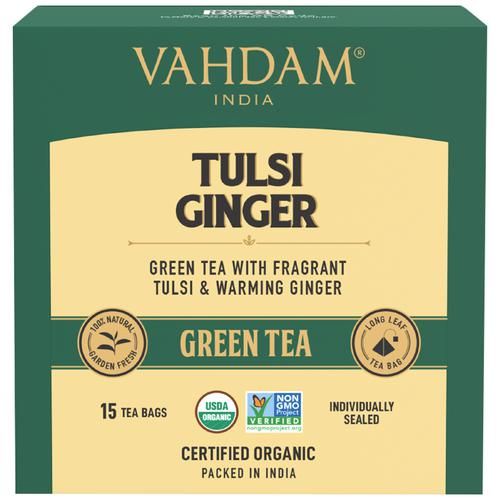 Vahdam  Organic Tulsi Ginger Green Tea Bags - Pure Detox & Digestive Health Drink 30 g (15 Pyramid Bags x 2 g each)
