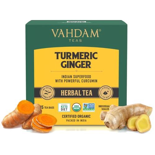 Vahdam  Organic Turmeric Ginger Herbal Tea Bags - Unique Flavour 30 g (15 Pyramid Bags x 2 g each)