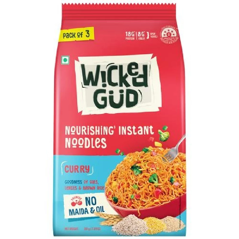 WickedGud Curry Nourishing Instant Noodles (Noodles 3 pcs x 60 g & Seasoning Mix 3 pcs x 7 g) WickedGud Curry Nourishing Instant Noodles (Noodles 3 pcs x 60 g & Seasoning Mix 3 pcs x 7 g)-Pack Size-201 g