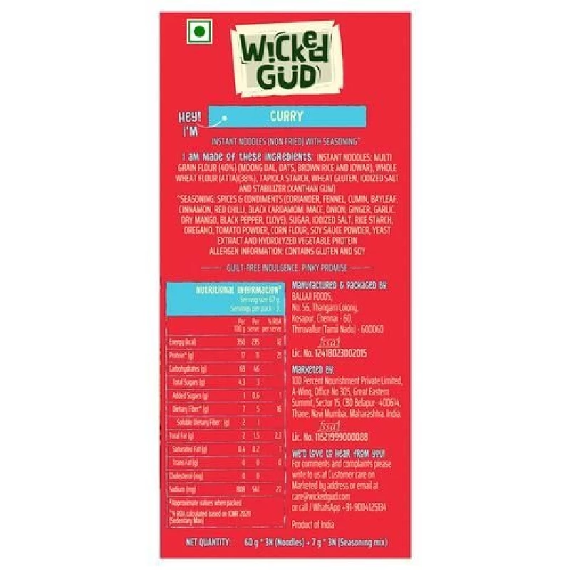 WickedGud Curry Nourishing Instant Noodles (Noodles 3 pcs x 60 g & Seasoning Mix 3 pcs x 7 g) - Image 6